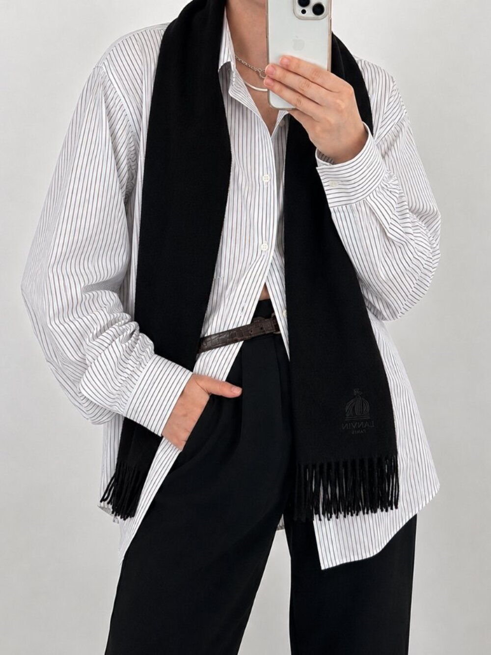 Vintage Lanvin Paris Wool Fringe Scarf Black